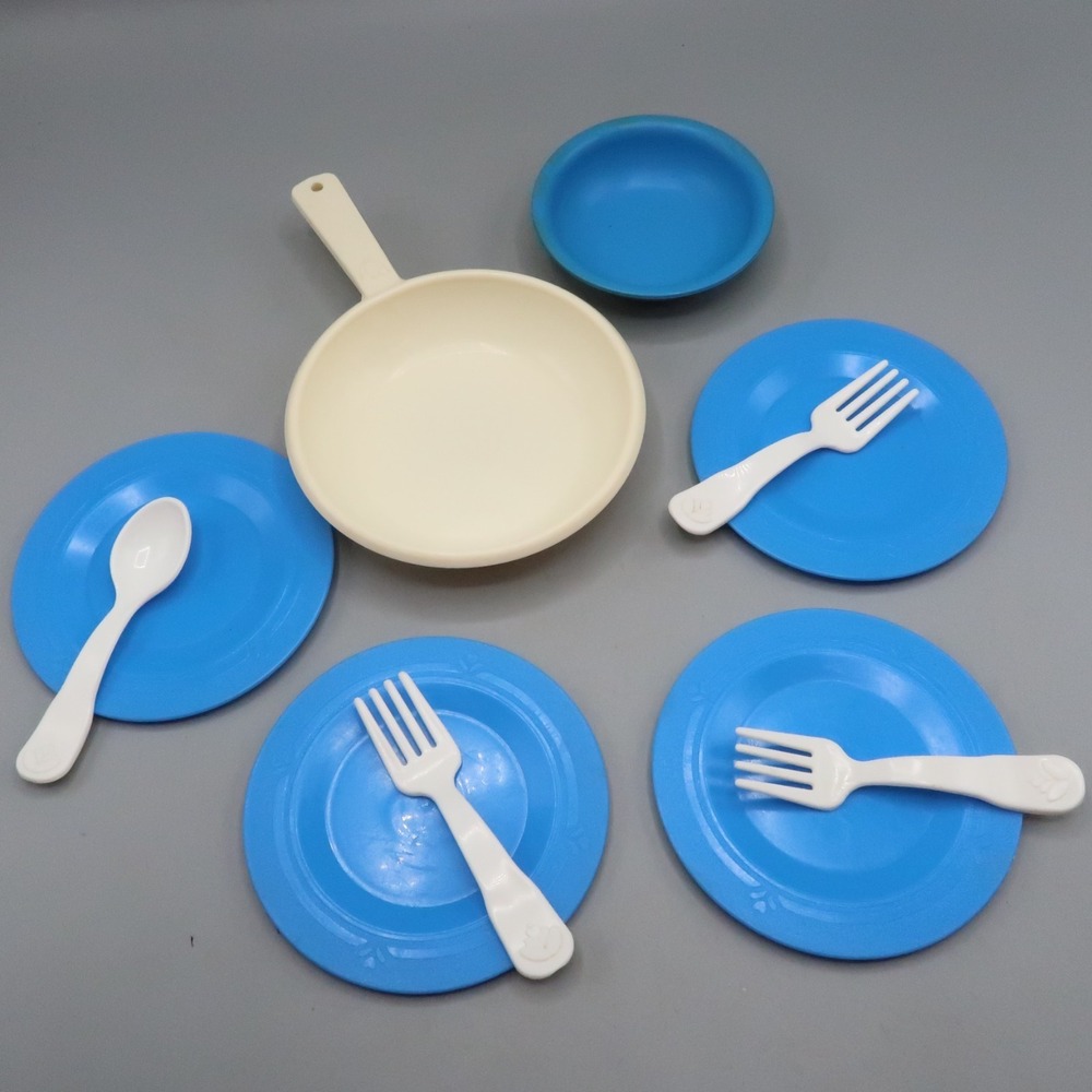 Fisher Price Toys 80s Blueโ Plastic Play Plates Forks Spoon Frying Pan Kitchen
